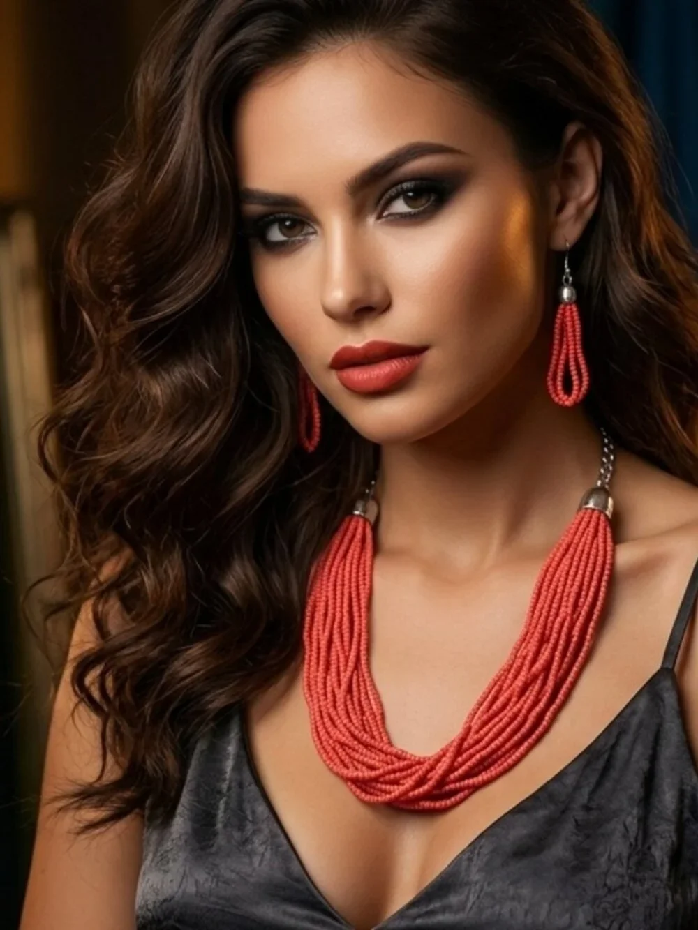 Coral Red Beaded Earrings & Necklace Set
